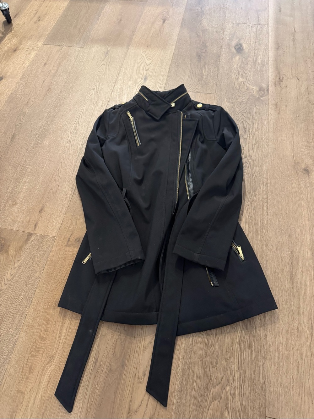 Michael Kors Black Belted Trench Coat with Gold Hardware
